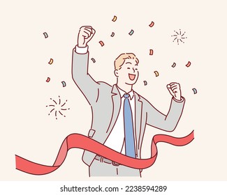 happy businessman winner.  businessman crossing the finish line. Hand drawn style vector design illustrations.