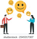 Happy businessman and woman holding smiling face symbol. Work motivation. Employee happiness, job satisfaction, company benefit, positive attitude.

