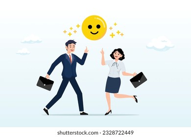 Happy businessman and woman holding smiling face symbol in joyful workplace, employee happiness, job satisfaction or company benefit, happy workplace or positive attitude, work motivation (Vector)