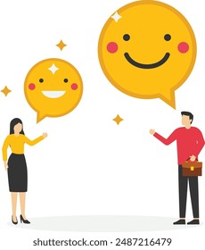 Happy businessman and woman holding smiling face symbol. Work motivation. Employee happiness, job satisfaction, company benefit, positive attitude.

