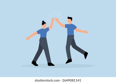 happy businessman and woman teamwork colleagues jumping and hi five clapping hands.