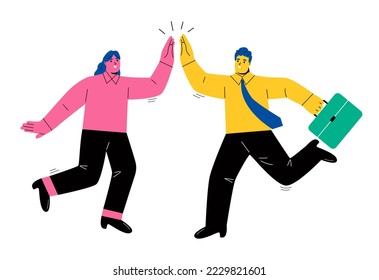 Happy businessman and woman teamwork coworkers jumping and hi five clapping hands. Team success winners. Flat vector illustration isolated on white background
