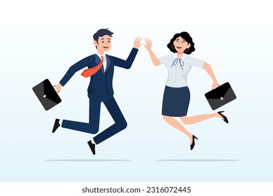 Happy businessman and woman teamwork coworkers jumping and hi five clapping hands, team success winners, hi five or congratulation on business goal achievement, collaboration concept (Vector)