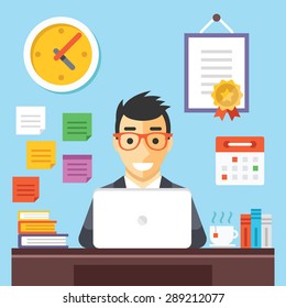 Happy businessman at work. Flat design concepts. Creative vector illustration.
