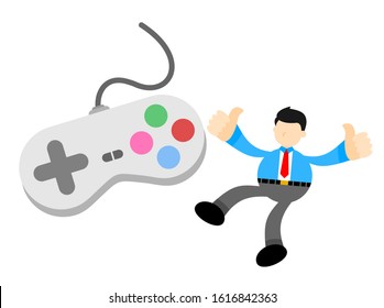 happy Businessman worker and game controller console cartoon doodle flat design style vector illustration