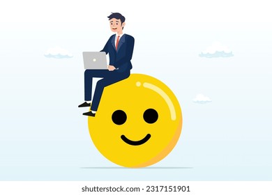 Happy businessman working with computer on smiling face, work happiness or job satisfaction, passion or enjoyment working with company, employee well being (Vector)