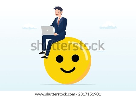 Happy businessman working with computer on smiling face, work happiness or job satisfaction, passion or enjoyment working with company, employee well being (Vector)