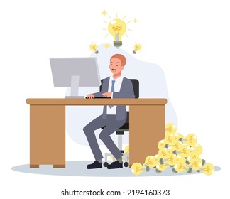 Happy businessman is working and got a lot of ideas , light bulb.working and creation of ideas concept. Flat vector illustration