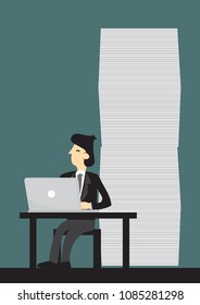 Happy businessman working in his desk with giant stack of documents. Concept of business growth and managing a profitable business. Vector cartoon illustration.