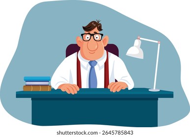 
Happy Businessman Working at his Desk Vector Cartoon Illustration. Old school corporate boss smiling acting professional in the office 
