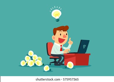 Happy businessman working at his desk and creating a lot of idea bulbs. Business idea concept.