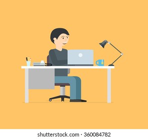 Happy businessman working with laptop. Business illustration in modern flat style
