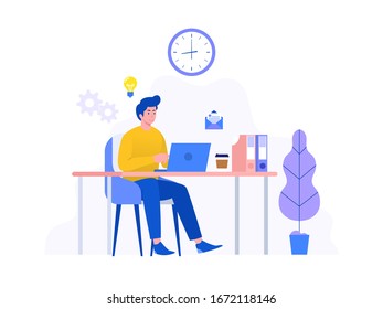 Happy businessman working with laptop in the office vector illustration concept, smiling employee using computer and drinking coffee, can use for, landing page, template, ui, web, homepage, poster, 