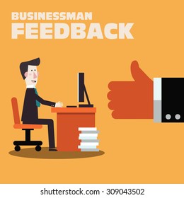 Happy businessman working in office at computer. Businessman feedback. Likes and positive feedback concept. Satisfied boss with thumb up. Stylish illustration in modern colors. Vector flat design