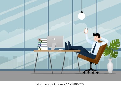 Happy businessman working in the office with his smartphone, cell phone to make his business successful and get more profit. Vector illustration design.