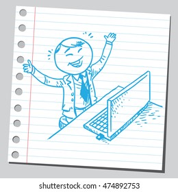 Happy businessman working on computer