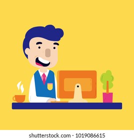 Happy businessman working on desktop computer. Cartoon flat vector illustration.