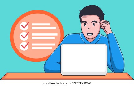 Happy businessman working on laptop with completed checklist job