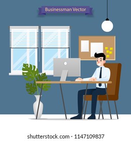 Happy businessman working on a personal computer, sitting on a brown leather chair behind the office desk. Vector Flat style Illustration.