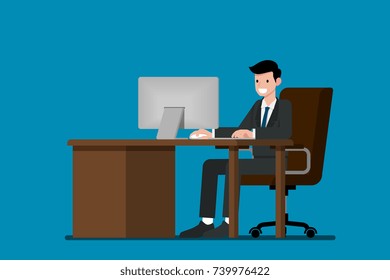 Happy businessman working on a personal computer, sitting on a brown leather chair behind the office desk. Vector Flat style Illustration.