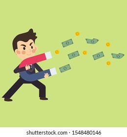 Happy businessman/Office worker collecting money with Magnet. Business concept cartoon character vector.