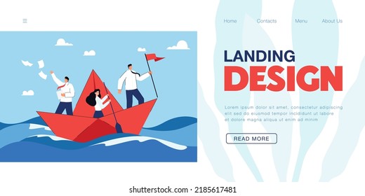 Happy businessmen and businesswoman sailing on paper boat. Cartoon business team in ocean or sea, leader with flag flat vector illustration. Cooperation or teamwork, goal, strategy, success concept