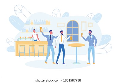 Happy Businessmen Drinking Beer in Pub. Cheerful Colleagues in Formal Suits Holding Cups and Bottles with Alcohol Drinks Happily Laughing and Relaxing after Work. Cartoon Flat Vector Illustration