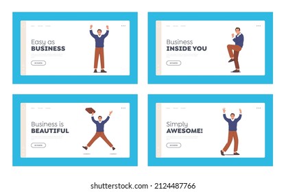 Happy Businessmen Feel Positive Emotions Landing Page Template Set. Adult Man in Casual Clothes Waving Hands, Yes Gesture, Jumping. Joyful Male Characters. Cartoon People Vector Illustration