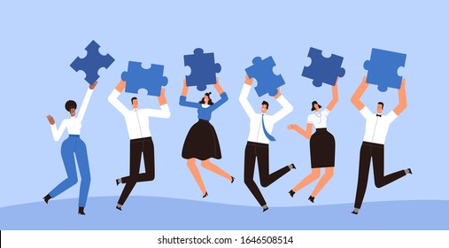 Happy businessmen jump with pieces of puzzles in their hands. The concept of successful teamwork, collaboration and interaction