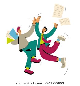 Happy businessmen jumping give high fives. Colleagues clap their hands, celebrate success, partnership. Teamwork