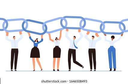 Happy businessmen as links of the business chain. The concept of successful teamwork and cooperation. Employees contribute to the common cause