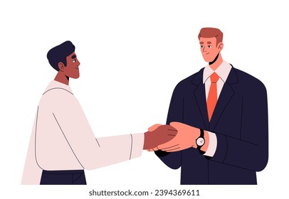 Happy businessmen shaking hands. Multinational partnership. Business communication: agreement, deal, gratitude. Men greeting gesture, handshake. Flat isolated vector illustration on white background