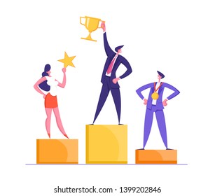 Happy Businessmen Standing on the Winning Podium with Award. Super Businessman with Golden Trophy Cup. Teamwork, Career, Goal Achievement Concept with Successful Characters. Vector flat illustration