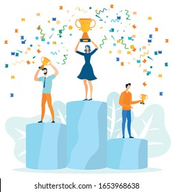 Happy Businessmen Standing on Winning Podium with Awards Flat Cartoon Vector Illustration. Woman with Golden Trophy Cup. Career, Goal Achievement Concept with Successful Characters.