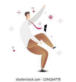The happy businessmen threw pass under legs Smartphone with dancing. Style flat cartoon Vector - illustration.