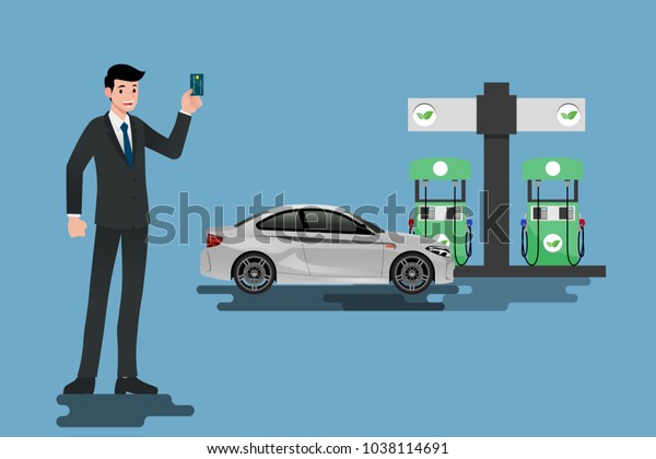 Happy
businessmen use his credit card and refuel his car at a clean and
eco-gas station.Vector illustration
design.