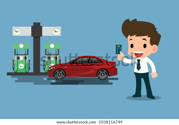 Happy\
businessmen use his credit card and refuel his car at a clean and\
eco-gas station.Vector illustration\
design.