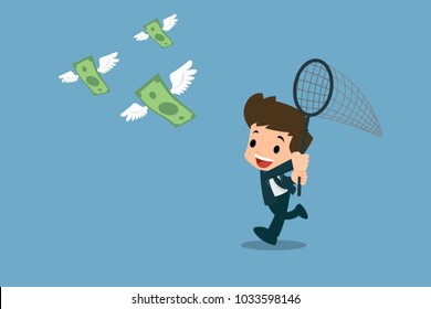 Happy businessmen use insect trapping nets to trying, running to catch a swarm of banknotes with wings who flying in the air. Vector illustration design.