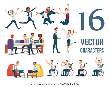 Happy Businesspeople, Company Managers Team Trendy Flat Vector Characters Set Isolated on White Background. Office Workers, Female, Male Entrepreneurs, Disabled Employee in Wheelchair Illustrations