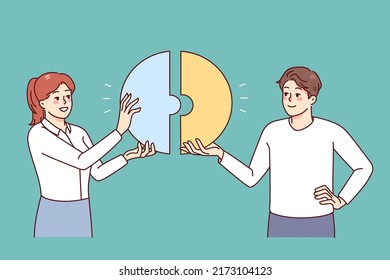 Happy businesspeople connect pieces of jigsaw find solution together. Smiling employees look for solution. Teamwork and problem solving. Flat vector illustration. 