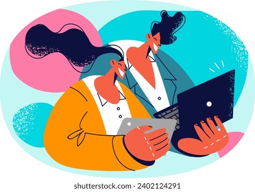 Happy businesspeople cooperate working on gadgets together in office. Smiling colleagues brainstorm collaborate on devices. Teamwork concept. Vector illustration.