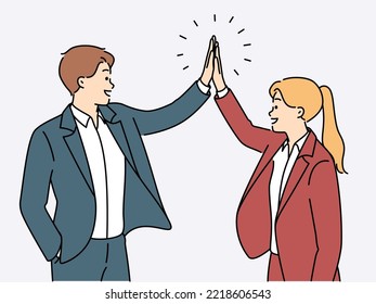 Happy businesspeople give high five celebrate shared business success. Smiling employees excited with good work results or promotion. Vector illustration. 