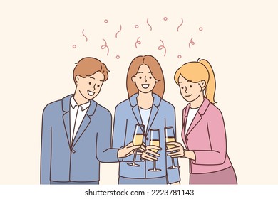 Felices empresarios con gafas de alegría celebran victoria compartida o victoria en el cargo. Los empleados o colegas sonrientes se divierten disfrutando de fiestas o celebraciones en el cargo. Ilustración vectorial. 