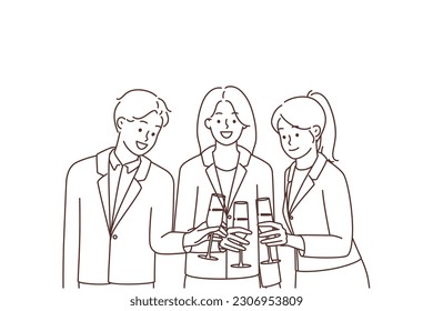 Felices empresarios con gafas de alegría celebran victoria compartida o victoria en el cargo. Los empleados o colegas sonrientes se divierten disfrutando de fiestas o celebraciones en el cargo. Ilustración vectorial. 