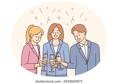 Empresarios felices con gafas y ovaciones celebran el triunfo compartido o la victoria en el cargo. Los empleados o colegas sonrientes se divierten disfrutando de una fiesta o celebración en la oficina. Ilustración vectorial.