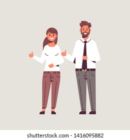 happy businesspeople man woman holding hand with thumb up gesture couple coworkers standing together successful teamwork concept flat full length