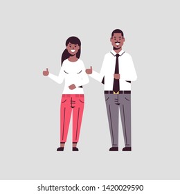 happy businesspeople man woman holding hand with thumb up gesture african american couple coworkers standing together successful teamwork concept flat full length