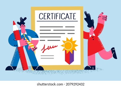 Happy businesspeople near certificate celebrate successful business school graduation. Smiling man and woman show health insurance certification. Official health protection. Vector illustration.