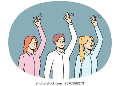 Happy businesspeople raise hands vote at workplace. Smiling employees engaged in teambuilding activity. Teamwork concept. Vector illustration.