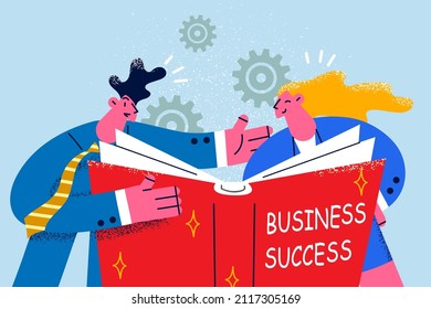 Happy businesspeople read huge book about business success together. Smiling man and woman colleagues think of shared goal achievement. Teamwork concept. Flat vector illustration. 